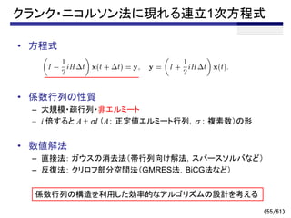 クランク・ニコルソン法に現れる連立1次方程式
• 方程式
• 係数行列の性質
– 大規模・疎行列・非エルミート
– i 倍すると A + sI （A： 正定値エルミート行列，s ： 複素数）の形
• 数値解法
– 直接法： ガウスの消去法（帯行列向け解法，スパースソルバなど）
– 反復法： クリロフ部分空間法（GMRES法，BiCG法など）
係数行列の構造を利用した効率的なアルゴリズムの設計を考える
（55/61）
 