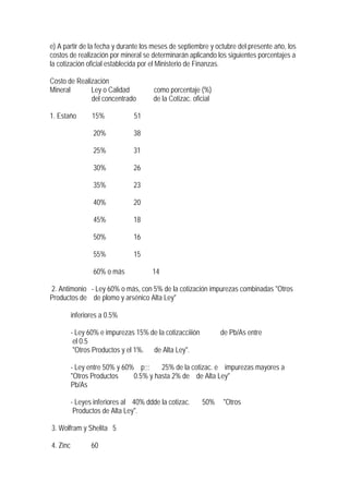e) A partir de la fecha y durante los meses de septiembre y octubre del presente año, los
costos de realización por mineral se determinarán aplicando los siguientes porcentajes a
la cotización oficial establecida por el Ministerio de Finanzas.

Costo de Realización
Mineral       Ley o Calidad            como porcentaje (%)
              del concentrado          de la Cotizac. oficial

1. Estaño        15%            51

                  20%           38

                  25%           31

                  30%           26

                  35%           23

                  40%           20

                  45%           18

                  50%           16

                  55%           15

                  60% o más           14

2. Antimonio - Ley 60% o más, con 5% de la cotización impurezas combinadas "Otros
Productos de de plomo y arsénico Alta Ley"

          inferiores a 0.5%

          - Ley 60% e impurezas 15% de la cotizacciiión         de Pb/As entre
           el 0.5
           "Otros Productos y el 1%. de Alta Ley".

          - Ley entre 50% y 60% p;;;    25% de la cotizac. e impurezas mayores a
          "Otros Productos     0.5% y hasta 2% de de Alta Ley"
          Pb/As

          - Leyes inferiores al 40% ddde la cotizac.      50%   "Otros
           Productos de Alta Ley".

3. Wolfram y Shelita 5

4. Zinc          60
 