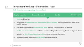 Full financial service package for our clients
Investment banking – Financial markets2.3
19 Our services
• Broker on 21 markets
• Involvement in numerous initial and secondary public offerings with top performance in real estate
and life sciences
• One of the largest Benelux sell-side analist teams covering 120 companies in the Benelux
• Credits and structured finance as additional service to Belgian, Luxembourg, French and Spanish clients
• Awarded as ‘Best Belgian liquidity provider’ 6 consecutive times (Euronext)
• Successful closings of multiple private equity funds and projects
Capital Markets Private equityCreditsFinancial research
 