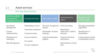 One stop shop boutique
Asset services2.4
Depending on the context part of responsibilities can be delegated to third parties21 Our services
UCITS & AIFM
management
company services
Investment
Management
Central
Administration
Distribution &
marketing
Risk Management
Custody services
Safekeeping of assets
Transaction settlement
Corporate actions
Income collection
Tax reclaim
Ex-post compliance
Domiciliary agent
Provision of registered
address
Shareholder & board
meetings
Legal documentation
updates
Administrative
agent
Fund accounting
Reporting to
supervisors, auditors,
investors
Financial and fiscal
information
Dissemination of fund
data
Registrar and
transfer agent
Managing shareholder
registration
Identification of
shareholders
Cash payments related
to shareholder activity
 