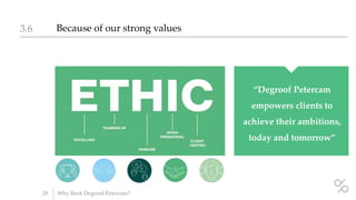 Because of our strong values3.6
29 Why Bank Degroof Petercam?
“Degroof Petercam
empowers clients to
achieve their ambitions,
today and tomorrow”
 