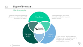 The right partner
Degroof Petercam4.2
33 Conclusion
The right
scale
Client-
centric
Excellence
“We favor pragmatic and efficient
answers to specific client issues over
standard solutions.”
“It s not the size of our company that
makes us great, but our values and the
proximity of our experts.”
“Family Business Owners, SME’s and
Midcaps are offered a local alternative for
universal actors and benefit from
multidisciplinary services ”
 