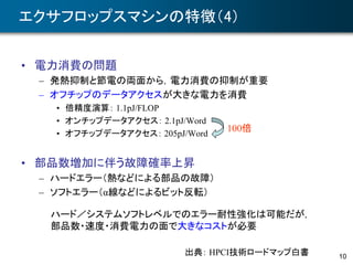 10
エクサフロップスマシンの特徴（4）
• 電力消費の問題
– 発熱抑制と節電の両面から，電力消費の抑制が重要
– オフチップのデータアクセスが大きな電力を消費
• 倍精度演算： 1.1pJ/FLOP
• オンチップデータアクセス： 2.1pJ/Word
• オフチップデータアクセス： 205pJ/Word
• 部品数増加に伴う故障確率上昇
– ハードエラー（熱などによる部品の故障）
– ソフトエラー（α線などによるビット反転）
出典： HPCI技術ロードマップ白書
ハード／システムソフトレベルでのエラー耐性強化は可能だが，
部品数・速度・消費電力の面で大きなコストが必要
100倍
 