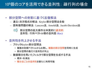 15
109個のコアを活用できる並列性： 疎行列の場合
• 部分空間への射影に基づく反復解法
– 連立1次方程式の解法： Krylov部分空間法全般
– 固有値問題の解法： Lanczos法，Arnoldi法，Jacobi-Davidson法
• 並列性を向上させる手法
– ブロックKrylov部分空間法
• 複数の初期ベクトルから出発し，複数の部分空間を同時に生成
• 部分空間の数だけ並列性が向上
– 数値積分を用いたフィルタで部分空間を生成する手法
• 櫻井・杉浦法
• 積分点ごとの並列性を新たに利用可能
部分空間の拡大操作は本質的に逐次的
並列性： 行列ベクトル積の並列度 O(nz)
 