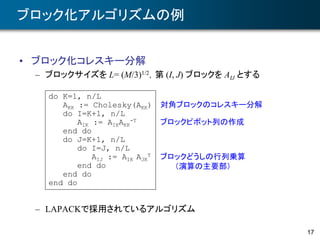 17
ブロック化アルゴリズムの例
• ブロック化コレスキー分解
– ブロックサイズを L= (M/3)1/2，第 (I, J) ブロックを AIJ とする
– LAPACKで採用されているアルゴリズム
do K=1, n/L
AKK := Cholesky(AKK)
do I=K+1, n/L
AIK := AIKAKK
-T
end do
do J=K+1, n/L
do I=J, n/L
AIJ := AIK AJK
T
end do
end do
end do
対角ブロックのコレスキー分解
ブロックピボット列の作成
ブロックどうしの行列乗算
（演算の主要部）
 