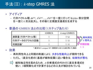 23
手法（II）： k-step GMRES 法
• アイディア
– 行列ベクトル積 Ar(m), A2r(m) …, Akr(m) を一度に行って Krylov 部分空間
を一度に k 次元拡大し，その後に正規直交基底を生成する
• 普通の GMRES 法との比較（1ステップあたり）
• 効果
– 再利用性向上と同期の削減により，大きな性能向上が期待できる
– ただし，（直交化前の）基底が線形従属に近い場合は，収束性が悪化
GMRES k-step GMRES
演算量（行列ベクトル積） 1 1+a
行列データのアクセス回数 1 1 / k
同期回数* 1 1 / k
再利用性
k 倍向上
同期回数
1 / k
* 直交化に compact WY 表現またはCGS法を用いた場合
線形独立性を高めるため，A の単項式の代わりに直交多項式を
使い，3項間漸化式で計算するなどの工夫が検討されている
 