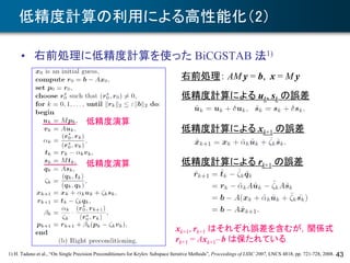 低精度計算の利用による高性能化（2）
• 右前処理に低精度計算を使った BiCGSTAB 法1)
43
右前処理： AM y = b, x = M y
低精度計算による uk, sk の誤差
1) H. Tadano et al., “On Single Precision Preconditioners for Krylov Subspace Iterative Methods”, Proceedings of LSSC 2007, LNCS 4818, pp. 721-728, 2008.
低精度演算
低精度演算
低精度計算による xk+1 の誤差
低精度計算による rk+1 の誤差
xk+1, rk+1 はそれぞれ誤差を含むが，関係式
rk+1 = Axk+1–b は保たれている
 
