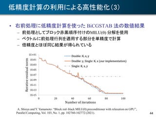 低精度計算の利用による高性能化（3）
• 右前処理に低精度計算を使った BiCGSTAB 法の数値結果
– 前処理としてブロック赤黒順序付けのMILU(0) 分解を使用
– ベクトルに前処理行列を適用する部分を単精度で計算
– 倍精度とほぼ同じ結果が得られている
44
A. Shioya and Y. Yamamoto: “Block red–black MILU(0) preconditioner with relaxation on GPU”,
Parallel Computing, Vol. 103, No. 1, pp. 102760-102772 (2021).
 