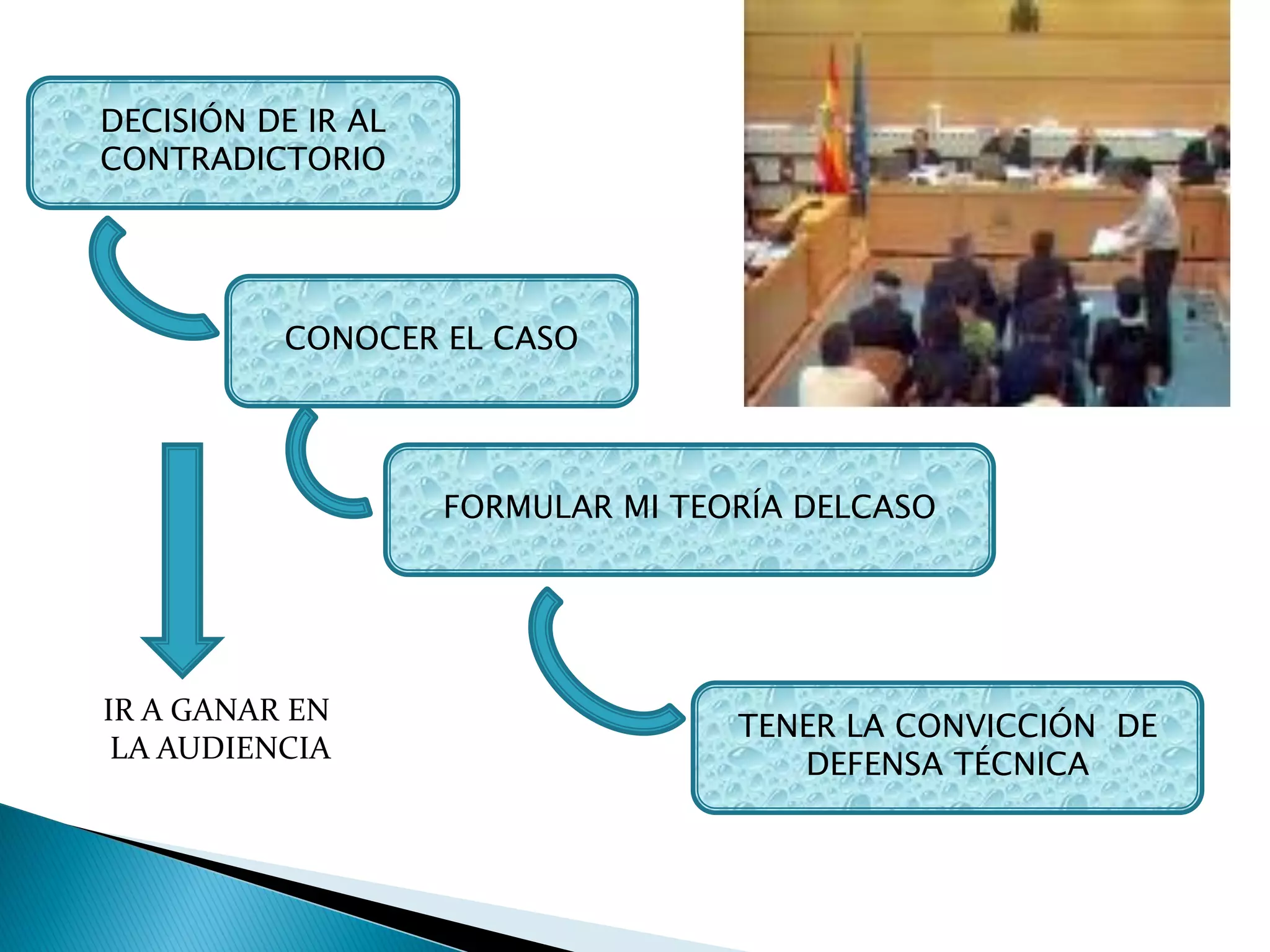 DECISIÓN DE IR AL
CONTRADICTORIO




          CONOCER EL CASO




                    FORMULAR MI TEORÍA DELCASO




IR A GANAR EN
                                   TENER LA CONVICCIÓN DE
 LA AUDIENCIA
                                      DEFENSA TÉCNICA
 