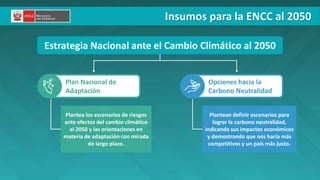 Plan Nacional de
Adaptación
Plantea los escenarios de riesgos
ante efectos del cambio climático
al 2050 y las orientaciones en
materia de adaptación con mirada
de largo plazo.
Opciones hacia la
Carbono Neutralidad
Estrategia Nacional ante el Cambio Climático al 2050
Plantean definir escenarios para
lograr la carbono neutralidad,
indicando sus impactos económicos
y demostrando que nos haría más
competitivos y un país más justo.
Insumos para la ENCC al 2050
 
