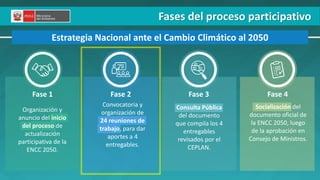 Estrategia Nacional ante el Cambio Climático al 2050
Organización y
anuncio del inicio
del proceso de
actualización
participativa de la
ENCC 2050.
Convocatoria y
organización de
24 reuniones de
trabajo, para dar
aportes a 4
entregables.
Consulta Pública
del documento
que compila los 4
entregables
revisados por el
CEPLAN.
Socialización del
documento oficial de
la ENCC 2050, luego
de la aprobación en
Consejo de Ministros.
Fase 1 Fase 2 Fase 3 Fase 4
Fases del proceso participativo
 