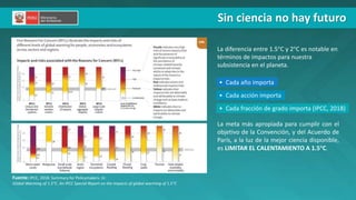 PERÚ LIMPIO
PERÚ NATURAL
Sin ciencia no hay futuro
Fuente: IPCC, 2018: Summary for Policymakers. In:
Global Warming of 1.5°C. An IPCC Special Report on the impacts of global warming of 1.5°C
La diferencia entre 1.5°C y 2°C es notable en
términos de impactos para nuestra
subsistencia en el planeta.
La meta más apropiada para cumplir con el
objetivo de la Convención, y del Acuerdo de
París, a la luz de la mejor ciencia disponible,
es LIMITAR EL CALENTAMIENTO A 1.5°C.
• Cada año importa
• Cada acción importa
• Cada fracción de grado importa (IPCC, 2018)
 