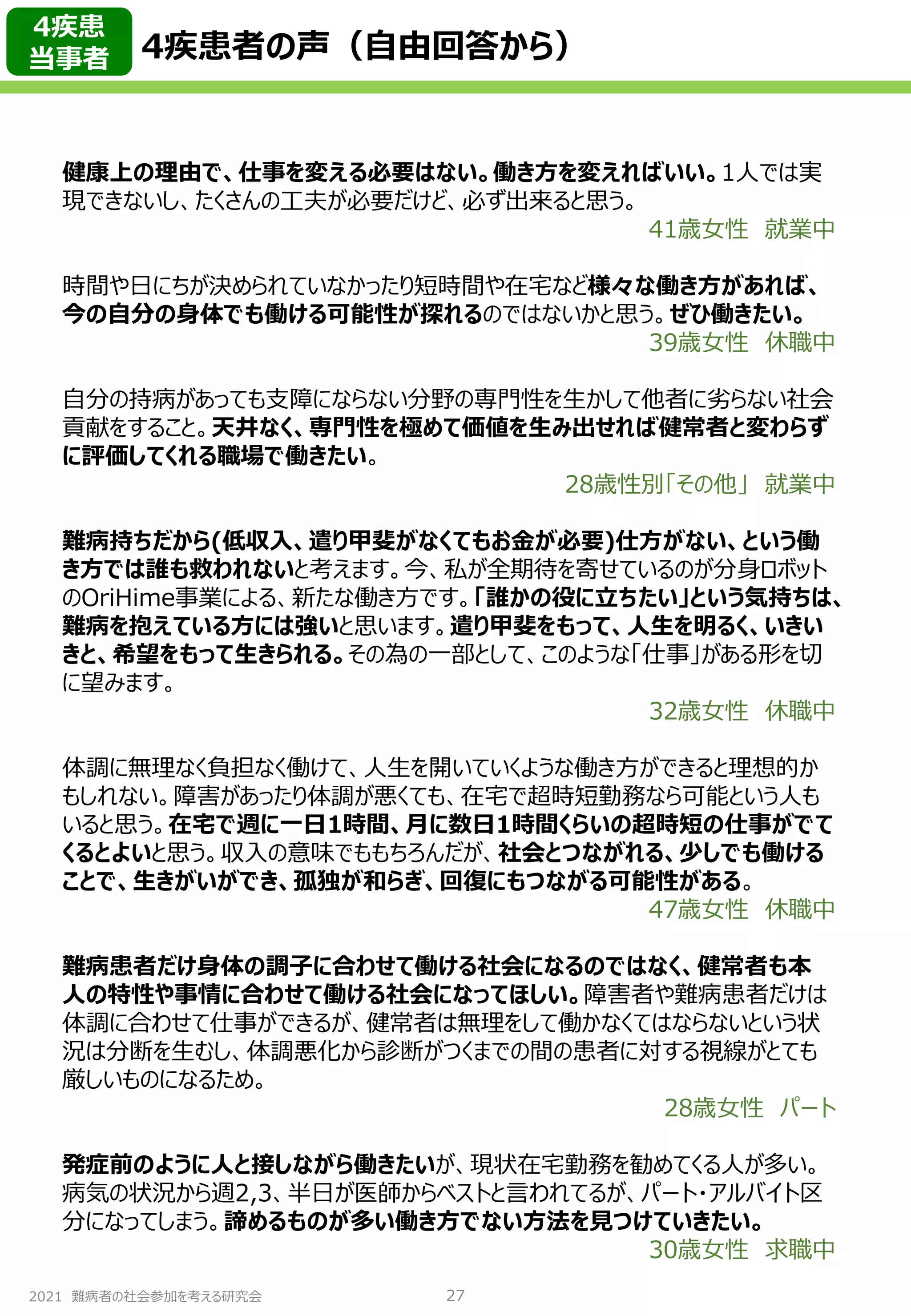 2021 難病者の社会参加を考える研究会
健康上の理由で、仕事を変える必要はない。働き方を変えればいい。1人では実
現できないし、たくさんの工夫が必要だけど、必ず出来ると思う。
41歳女性 就業中
時間や日にちが決められていなかったり短時間や在宅など様々な働き方があれば、
今の自分の身体でも働ける可能性が探れるのではないかと思う。ぜひ働きたい。
39歳女性 休職中
自分の持病があっても支障にならない分野の専門性を生かして他者に劣らない社会
貢献をすること。天井なく、専門性を極めて価値を生み出せれば健常者と変わらず
に評価してくれる職場で働きたい。
28歳性別「その他」 就業中
難病持ちだから(低収入、遣り甲斐がなくてもお金が必要)仕方がない、という働
き方では誰も救われないと考えます。今、私が全期待を寄せているのが分身ロボット
のOriHime事業による、新たな働き方です。「誰かの役に立ちたい」という気持ちは、
難病を抱えている方には強いと思います。遣り甲斐をもって、人生を明るく、いきい
きと、希望をもって生きられる。その為の一部として、このような「仕事」がある形を切
に望みます。
32歳女性 休職中
体調に無理なく負担なく働けて、人生を開いていくような働き方ができると理想的か
もしれない。障害があったり体調が悪くても、在宅で超時短勤務なら可能という人も
いると思う。在宅で週に一日1時間、月に数日1時間くらいの超時短の仕事がでて
くるとよいと思う。収入の意味でももちろんだが、社会とつながれる、少しでも働ける
ことで、生きがいができ、孤独が和らぎ、回復にもつながる可能性がある。
47歳女性 休職中
難病患者だけ身体の調子に合わせて働ける社会になるのではなく、健常者も本
人の特性や事情に合わせて働ける社会になってほしい。障害者や難病患者だけは
体調に合わせて仕事ができるが、健常者は無理をして働かなくてはならないという状
況は分断を生むし、体調悪化から診断がつくまでの間の患者に対する視線がとても
厳しいものになるため。
28歳女性 パート
発症前のように人と接しながら働きたいが、現状在宅勤務を勧めてくる人が多い。
病気の状況から週2,3、半日が医師からベストと言われてるが、パート・アルバイト区
分になってしまう。諦めるものが多い働き方でない方法を見つけていきたい。
30歳女性 求職中
4疾患者の声（自由回答から）
27
4疾患
当事者
 