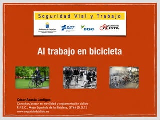 Al trabajo en bicicleta
César Acosta Lantigua
Consultor/asesor en movilidad y reglamentación ciclista
R.F.E.C., Mesa Española de la Bicicleta, GT44 (D.G.T.)
www.seguridadciclista.es
 