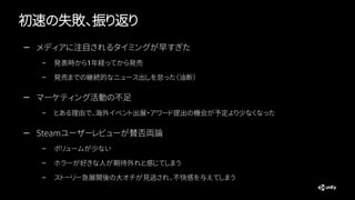 初速の失敗、振り返り
— メディアに注目されるタイミングが早すぎた
– 発表時から1年経ってから発売
– 発売までの継続的なニュース出しを怠った（油断）
— マーケティング活動の不足
– とある理由で、海外イベント出展・アワード提出の機会が予定より少なくなった
— Steamユーザーレビューが賛否両論
– ボリュームが少ない
– ホラーが好きな人が期待外れと感じてしまう
– ストーリー急展開後の大オチが見逃され、不快感を与えてしまう
 