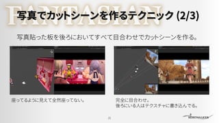 写真でカットシーンを作るテクニック (2/3)
21
写真貼った板を後ろにおいてすべて目合わせでカットシーンを作る。
座ってるように見えて全然座ってない。 完全に目合わせ。
後ろにいる人はテクスチャに書き込んでる。
 