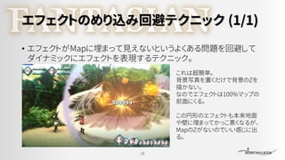 エフェクトのめり込み回避テクニック (1/1)
• エフェクトがMapに埋まって見えないというよくある問題を回避して
ダイナミックにエフェクトを表現するテクニック。
23
これは超簡単。
背景写真を置くだけで背景のZを
描かない。
なのでエフェクトは100%マップの
前面にくる。
この円形のエフェクトも本来地面
や壁に埋まってかっこ悪くなるが、
MapのZがないのでいい感じに出
る。
 