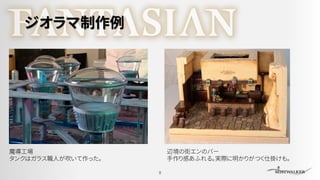 ジオラマ制作例
8
魔導工場
タンクはガラス職人が吹いて作った。
辺境の街エンのバー
手作り感あふれる。実際に明かりがつく仕掛けも。
 