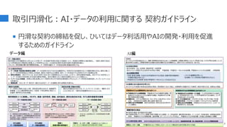 取引円滑化：AI・データの利用に関する 契約ガイドライン
 円滑な契約の締結を促し、ひいてはデータ利活用やAIの開発・利用を促進
するためのガイドライン
29
データ編 AI編
 