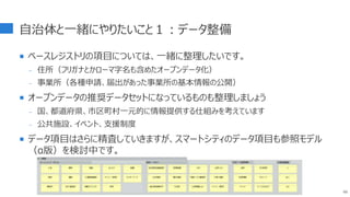 自治体と一緒にやりたいこと１：データ整備
 ベースレジストリの項目については、一緒に整理したいです。
- 住所（フリガナとかローマ字名も含めたオープンデータ化）
- 事業所（各種申請、届出があった事業所の基本情報の公開）
 オープンデータの推奨データセットになっているものも整理しましょう
- 国、都道府県、市区町村一元的に情報提供する仕組みを考えています
- 公共施設、イベント、支援制度
 データ項目はさらに精査していきますが、スマートシティのデータ項目も参照モデル
（α版）を検討中です。
68
 