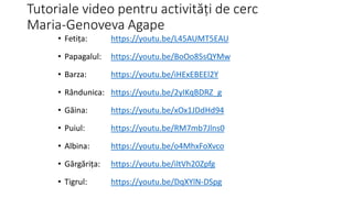 Tutoriale video pentru activități de cerc
Maria-Genoveva Agape
• Fetița: https://youtu.be/L45AUMT5EAU
• Papagalul: https://youtu.be/BoOo85sQYMw
• Barza: https://youtu.be/iHExEBEEl2Y
• Rândunica: https://youtu.be/2yIKqBDRZ_g
• Găina: https://youtu.be/xOx1JDdHd94
• Puiul: https://youtu.be/RM7mb7Jlns0
• Albina: https://youtu.be/o4MhxFoXvco
• Gărgărița: https://youtu.be/iltVh20Zpfg
• Tigrul: https://youtu.be/DqXYlN-DSpg
 