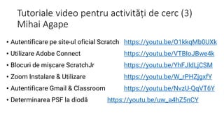 Tutoriale video pentru activități de cerc (3)
Mihai Agape
• Autentificare pe site-ul oficial Scratch https://youtu.be/O1kkqMb0UXk
• Utilizare Adobe Connect https://youtu.be/VTBIoJBwe4k
• Blocuri de mișcare ScratchJr https://youtu.be/YhFJldLjCSM
• Zoom Instalare & Utilizare https://youtu.be/W_rPHZjgxfY
• Autentificare Gmail & Classroom https://youtu.be/NvzU-QqVT6Y
• Determinarea PSF la diodă https://youtu.be/uw_a4hZ5nCY
 