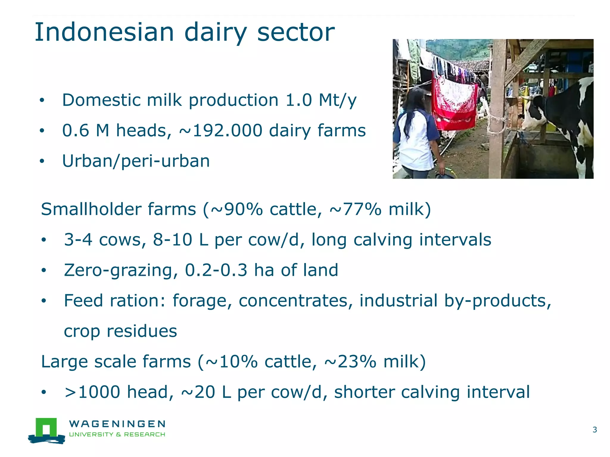 Indonesian dairy sector
3
• Domestic milk production 1.0 Mt/y
• 0.6 M heads, ~192.000 dairy farms
• Urban/peri-urban
Smallholder farms (~90% cattle, ~77% milk)
• 3-4 cows, 8-10 L per cow/d, long calving intervals
• Zero-grazing, 0.2-0.3 ha of land
• Feed ration: forage, concentrates, industrial by-products,
crop residues
Large scale farms (~10% cattle, ~23% milk)
• >1000 head, ~20 L per cow/d, shorter calving interval