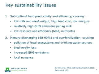 Key sustainability issues
5
1. Sub-optimal herd productivity and efficiency, causing:
• low milk and meat output, high feed cost, low margins
• relatively high GHG emissions per kg milk
• low resource use efficiency (feed, nutrients)
2. Manure discharging (60-90%) and overfertilization, causing:
• pollution of local ecosystems and drinking water sources
• biodiversity loss
• increased GHG emissions
• local nuisance
De Vries et al., 2019; Apdini and Zahra et al., 2021;
Zahra, et al. 2021