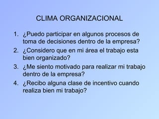 CLIMA ORGANIZACIONAL

1. ¿Puedo participar en algunos procesos de
   toma de decisiones dentro de la empresa?
2. ¿Considero que en mi área el trabajo esta
   bien organizado?
3. ¿Me siento motivado para realizar mi trabajo
   dentro de la empresa?
4. ¿Recibo alguna clase de incentivo cuando
   realiza bien mi trabajo?
 