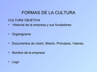 FORMAS DE LA CULTURA
CULTURA OBJETIVA
• Historial de la empresa y sus fundadores

• Organigrama

• Documentos de visión, Misión, Principios, Valores.

• Nombre de la empresa

• Logo
 