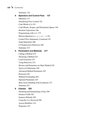 viii Contents
Summary 134
4 Operators and Control Flow 137
Operators 137
Introducing Flow Control 156
Code Blocks ({}) 161
Code Blocks, Scopes, and Declaration Spaces 164
Boolean Expressions 166
Programming with null 173
Bitwise Operators (<<, >>, |, &, ^, ~) 181
Control Flow Statements, Continued 187
Jump Statements 200
C# Preprocessor Directives 206
Summary 215
5 Parameters and Methods 217
Calling a Method 218
Declaring a Method 225
Local Functions 232
Using Directives 233
Returns and Parameters on Main Method 242
Top-Level Statements 246
Advanced Method Parameters 247
Recursion 261
Method Overloading 264
Optional Parameters 267
Basic Error Handling with Exceptions 272
Summary 291
6 Classes 293
Declaring and Instantiating a Class 298
Instance Fields 302
Instance Methods 305
Using the this Keyword 306
Access Modifiers 314
Properties 316
 