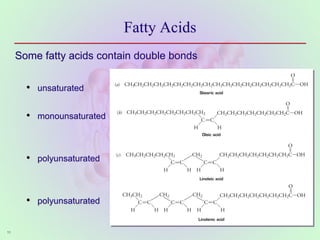 11
Fatty Acids
Some fatty acids contain double bonds
• unsaturated
• monounsaturated
• polyunsaturated
• polyunsaturated
 