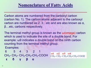 Nomenclature of Fatty Acids
Carbon atoms are numbered from the carboxyl carbon
(carbon No. 1). The carbon atoms adjacent to the carboxyl
carbon are numbered as 2, 3…etc and are also known as α,
β…etc, carbons respectively.
The terminal methyl group is known as the ω(omega) carbon
which is used to indicate the site of a double bond. For
example: ω9 indicates a double bond on the ninth carbon
counting from the terminal methyl group.
Examples:
6 5 4 3 2 1
CH₃- CH₂- CH₂-CH₂-CH₂-COOH
ε δ γ β α
20
 