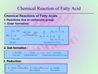 Chemical Reaction of Fatty Acid
Chemical Reactions of Fatty Acids
I- Reactions due to carboxylic group:
1. Ester formation:
31
2. Salt formation :
3. Reduction:
 