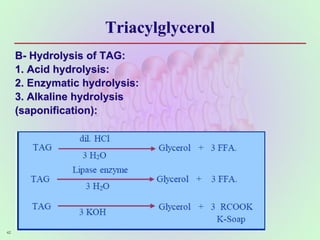 Triacylglycerol
B- Hydrolysis of TAG:
1. Acid hydrolysis:
2. Enzymatic hydrolysis:
3. Alkaline hydrolysis
(saponification):
42
 
