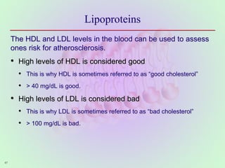 67
Lipoproteins
The HDL and LDL levels in the blood can be used to assess
ones risk for atherosclerosis.
• High levels of HDL is considered good
• This is why HDL is sometimes referred to as “good cholesterol”
• > 40 mg/dL is good.
• High levels of LDL is considered bad
• This is why LDL is sometimes referred to as “bad cholesterol”
• > 100 mg/dL is bad.
 