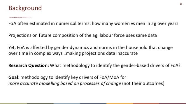 15
Background
FoA often estimated in numerical terms: how many women vs men in ag over years
Projections on future composi...