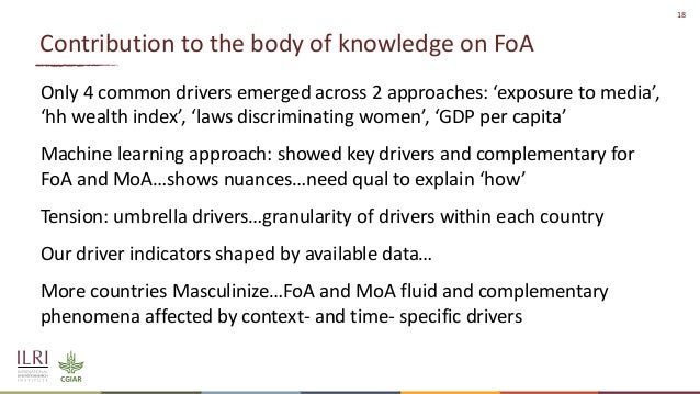 18
Contribution to the body of knowledge on FoA
Only 4 common drivers emerged across 2 approaches: ‘exposure to media’,
‘h...