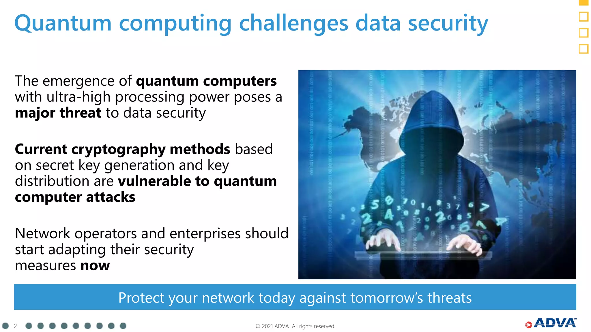© 2021 ADVA. All rights reserved.
2
The emergence of quantum computers
with ultra-high processing power poses a
major threat to data security
Current cryptography methods based
on secret key generation and key
distribution are vulnerable to quantum
computer attacks
Network operators and enterprises should
start adapting their security
measures now
Protect your network today against tomorrow’s threats
Quantum computing challenges data security
 