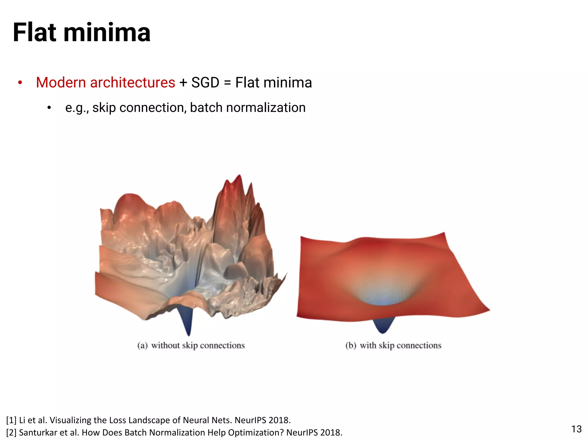 • Modern architectures + SGD = Flat minima
• e.g., skip connection, batch normalization
Flat minima
13
[1] Li et al. Visualizing the Loss Landscape of Neural Nets. NeurIPS 2018.
[2] Santurkar et al. How Does Batch Normalization Help Optimization? NeurIPS 2018.
 