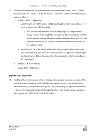 Conclusions – 17, 18, 19, 20 and 21 July 2020
EUCO 10/20 20
ANNEX EN
32. The financial envelope for the implementation of the Connecting Europe Facility (CEF) for
the period 2021-2027 will be EUR 28 396 million. That amount will be distributed among the
sectors as follows:
a) transport: EUR 21 384 million,
• out of which EUR 10 000 million will be transferred from the Cohesion Fund to be
spent in line with the CEF Regulation:
o 30% shall be made available based on a high degree of competitiveness
among Member States eligible for funding from the Cohesion Fund and 70%
shall respect the national allocations under the Cohesion Fund until 2023 and
thereafter be based on full competition between Member States eligible for
the Cohesion Fund;
• out of which EUR 1 384 million will be used for the completion of missing major
cross-border railway links between cohesion countries to support the functioning of
the Single Market. The co-financing rules of the transfer from the Cohesion Fund to
CEF shall apply.
b) energy: EUR 5 180 million;
c) digital: EUR 1 832 million.
Digital Europe programme
33. The Digital Europe programme will invest in key strategic digital capacities such as the EU’s
high-performance computing, artificial intelligence and cybersecurity. It will complement
other instruments, notably Horizon Europe and CEF, in supporting the digital transformation
of Europe. The financial envelope for the implementation of the Digital Europe programme
for the period 2021-2027 will be EUR 6 761 million.
 