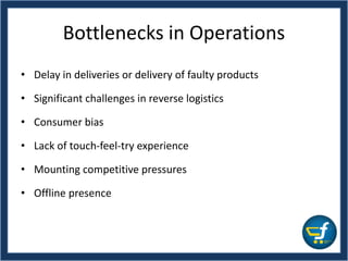 Bottlenecks in Operations
• Delay in deliveries or delivery of faulty products
• Significant challenges in reverse logistics
• Consumer bias
• Lack of touch-feel-try experience
• Mounting competitive pressures
• Offline presence
 