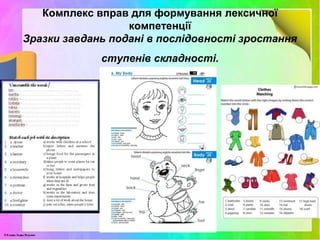 Комплекс вправ для формування лексичної
компетенції
Зразки завдань подані в послідовності зростання
ступенів складності.
 