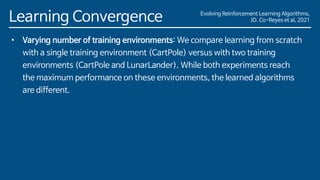 Evolving Reinforcement Learning Algorithms,
JD. Co-Reyes et al, 2021
Learning Convergence
• Varying number of training environments: We compare learning from scratch
with a single training environment (CartPole) versus with two training
environments (CartPole and LunarLander). While both experiments reach
the maximum performance on these environments, the learned algorithms
are different.
 