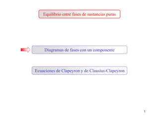 Equilibrio entre fases de sustancias puras
Diagramas de fases con un componente
Ecuaciones de Clapeyron y de Clausius-Clapeyron
1
 