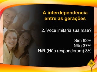 2. Você imitaria sua mãe? Sim 62% Não 37% N/R (Não responderam) 3% A interdependência entre as gerações 