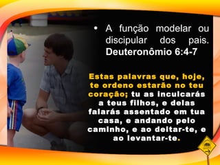 Estas palavras que, hoje, te ordeno estarão no teu coração;  tu as inculcarás a teus filhos, e delas falarás assentado em tua casa, e andando pelo caminho, e ao deitar-te, e ao levantar-te . A função modelar ou discipular dos pais.  Deuteronômio 6:4-7 