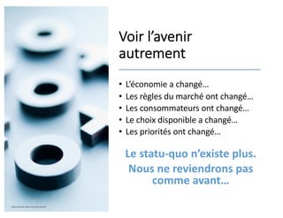 Voir l’avenir
autrement
• L’économie a changé…
• Les règles du marché ont changé…
• Les consommateurs ont changé…
• Le choix disponible a changé…
• Les priorités ont changé…
Le statu-quo n’existe plus.
Nous ne reviendrons pas
comme avant…
©2021 Davender Gupta. Tous droits réservés.
 