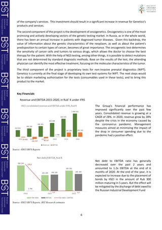 6
of the company's services. This investment should result in a significant increase in revenue for Genetico's
products and services.
The second component of the project is the development of oncogenetics. Oncogenetics is one of the most
promising and actively developing sectors of the genetic testing market. In Russia, as in the whole world,
there has been an annual increase in patients with diagnosed tumor diseases. Given this backdrop, the
value of information about the genetic characteristics of the neoplasm, as well as about the patient's
predisposition to certain types of cancer, becomes of great importance. The oncogenetic test determines
the sensitivity of cancer cells and tumors to various drugs, which allows the doctor to choose the best
therapy for the patient. With the help of NGS testing, among other things, it is possible to detect mutations
that are not determined by standard diagnostic methods. Base on the results of the test, the attending
physician can identify the most effective treatment, focusing on the molecular characteristics of the tumor.
The third component of the project is proprietary tests for non-invasive prenatal diagnostics (NIPT).
Genetico is currently at the final stage of developing its own test-systems for NIPT. The next steps would
be to obtain marketing authorization for the tests (consumables used in these tests), and to bring this
product to the market.
Key Financials
Revenue and EBITDA 2015-2020, in Rub’ K under IFRS
Source: HSCI IRFS Reports
The Group's financial performance has
improved significantly over the past few
years. Consolidated revenue is growing at a
CAGR of 28%. In 2020, revenue grew by 28%
despite the crisis in the economy caused by
the coronavirus pandemic. Management
measures aimed at minimizing the impact of
the drop in consumer spending due to the
pandemic had a positive effect.
Net debt to EBITDA ratio has generally
decreased over the past 2 years and
amounted to 1.2x EBITDA at the end of 6
months of 2020. At the end of the year, it is
expected to increase due to the placement of
bonds by HSCI in the amount of Rub 300
million maturing in 5 years. But the effect will
be mitigated by the discharge of debt owed to
the Russian Industrial Development Fund
Source: HSCI IRFS Reports, BST Research estimates
 
