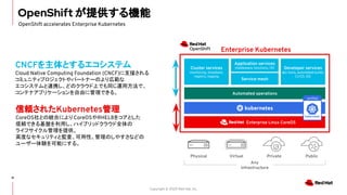 Copyright © 2020 Red Hat, Inc.
OpenShift が提供する機能
16
OpenShift accelerates Enterprise Kubernetes
Enterprise Kubernetes
CNCFを主体とするエコシステム
Cloud Native Computing Foundation (CNCF)に支援される
コミュニティプロジェクトやパートナーのより広範な
エコシステムと連携し、どのクラウド上でも同じ運用方法で、
コンテナアプリケーションを自由に管理できる。　
信頼されたKubernetes管理
CoreOS社との統合により CoreOSやRHEL8をコアとした
信頼できる基盤を利用し、ハイブリッドクラウド全体の
ライフサイクル管理を提供。
高度なセキュリティと監査、可用性、管理のしやすさなどの
ユーザー体験を可能にする。　
Cluster services
monitoring, showback,
registry, logging
Application services
middleware, functions, ISV
Service mesh
Developer services
dev tools, automated builds,
CI/CD, IDE
Automated operations
Enterprise Linux CoreOS
Physical Virtual Private Public
Any
infrastructure
certiﬁed
 